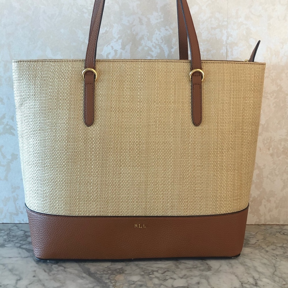 Ralph Lauren Natural Woven & Leather Tote NWT